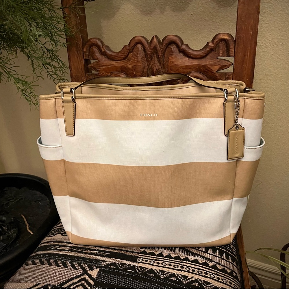 Coach Stripe Tote Bag in Cream and Tan